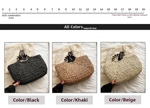 Detailed comparison of woven straw handbags in black, khaki, and beige with wooden handles