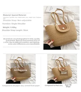 Comparaison de taille et spécifications détaillées du sac fourre-tout en paille tressée