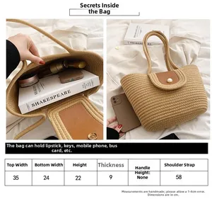 Guide des tailles pour sac en paille kaki avec dimensions et détails de capacité