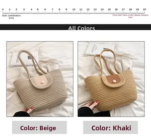 Détail du sac à main en paille tressée avec patch PU et perle en beige et kaki