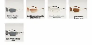 Detailed grid showing five Y2K style metallic sunglasses in various lens colors