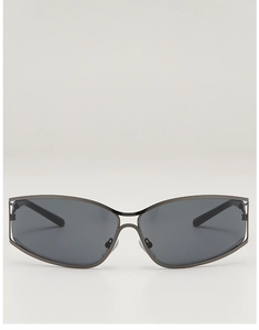Futuristic hollow metal frame sunglasses with dark grey lenses and retro Y2K style