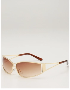 Detail of gold metal wrap-around sunglasses with geometric hollow temples and gradient lenses