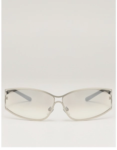 Front view detail of Y2K futuristic wrap sunglasses with silver metal frame and grey lens