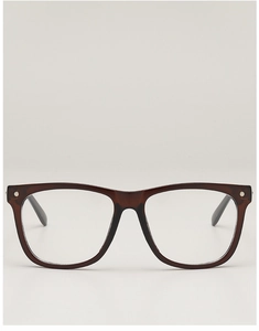 Detailed close-up of dark brown tortoiseshell square eyeglass frames with silver rivet studs