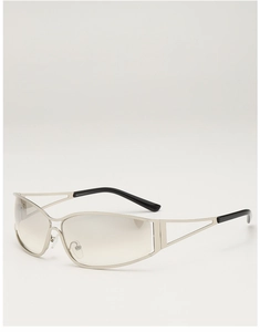 Close-up of Y2K wrap-around sunglasses with silver hollowed metal frame and gradient lenses