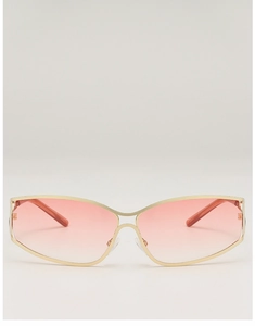 Detailed front view of gold metal sunglasses with pink gradient lenses in a tech style