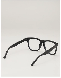 Detail of matte black square eyeglass frames showing hinges and rivet accents