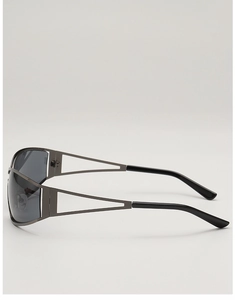 Detail of grey metal sunglasses with side triangle hollow-out temple design
