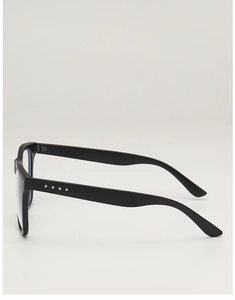 Detail of matte black square eyeglass frames with silver rivet accents on the side temple