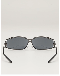 Detail view of metallic frame with silicone nose pads and black temple tips of sunglasses