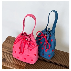 Women Heart Embroidered Bucket Bag Denim Flannel Drawstring Crossbody Handbag Sweet Casual Shoulder Bag