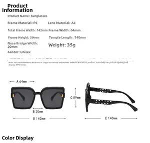 Spécifications détaillées de taille pour lunettes de soleil noires avec monture en PC