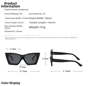 Detailed size chart for jelly color sunglasses featuring PC frames and AC lenses specs