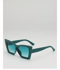 Detail view of dark green resin frames with blue gradient lenses and wide temples