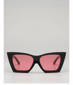 Front view of stylish black cat-eye sunglasses with vibrant pink lenses and modern frame