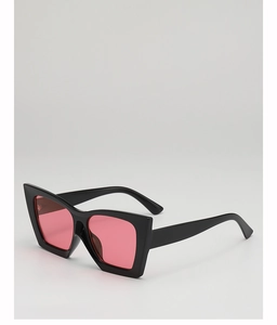 Detailed close-up of cat-eye sunglasses with black frame and pink transparent lenses