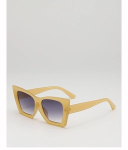 Detailed close-up of beige square frames with purple gradient lenses and integrated nose pads