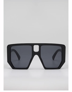 Front view detail of oversized square sunglasses with unique hollow bridge design