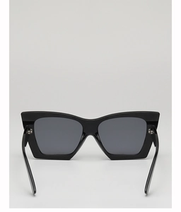 Rear view detail of black cat eye sunglasses showing metallic hinges and sleek frame