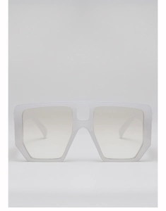 Front view of white oversized square sunglasses featuring flat top and geometric silhouette