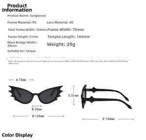 Detailed size chart for bat-shaped sunglasses with PC frame and AC lens dimensions