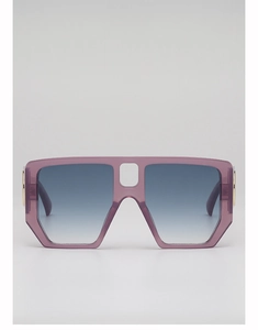 Detailed view of square sunglasses with purple frames and golden metal hinge accents