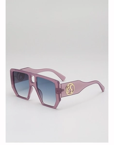Detail of lavender purple square frames with blue gradient lenses and gold logo hinge