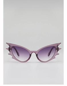 Detailed view of purple bat-shaped sunglasses with gradient lenses for Halloween style