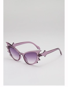 Macro detail of bat-shaped wings sunglasses with purple gradient lenses for Halloween party