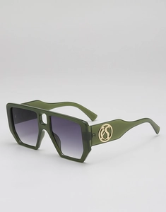 Close-up of olive green square sunglasses with gradient lenses and gold logo detail