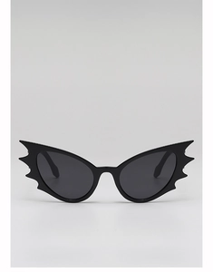 Front view of creative bat-shaped sunglasses with black frame and dark grey lenses