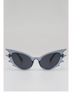 Detailed front view of bat-wing shaped sunglasses with translucent grey-blue frames