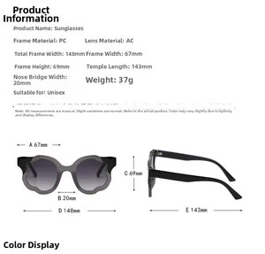 Detailed size guide chart showing dimensions and weight for irregular flower sunglasses