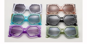 Collection of square frame sunglasses with colorful checkered and striped temple patterns