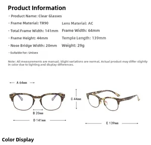 Detailed size chart for TR90 browline glasses with dimensions and leopard pattern details