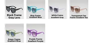 Macro display of six colorful square sunglasses with unique geometric frames and textures