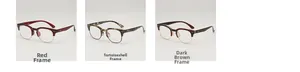 Detailed view of semi-rimless browline glasses frames in red, tortoiseshell, and brown colors