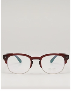 Macro detail of wine red browline glasses frame with silver metal rims and UV400 lenses