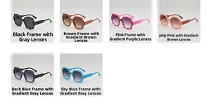 Matrix display of oversized geometric sunglasses with wide temples in multiple color variants