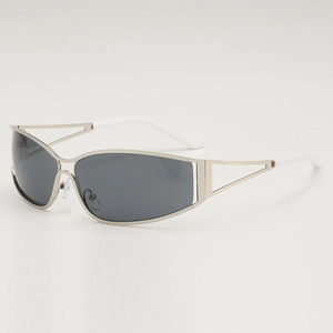 Futuristic silver metal cutout sunglasses with grey lenses and Y2K vintage style design