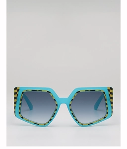 Detail view of square sunglasses with blue frames and yellow checkerboard patterns