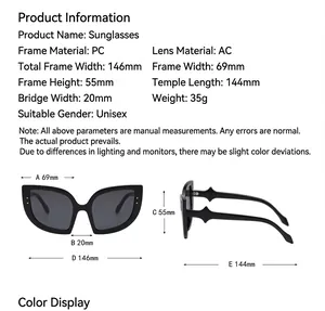 Tabella taglie dettagliata per occhiali da sole oversize con larghezza 146mm e aste 144mm