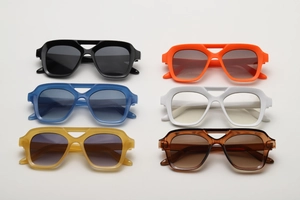 Detailed grid view of retro square sunglasses in six vibrant fashion colors
