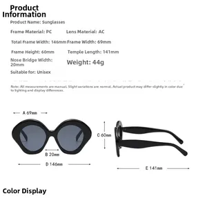 Detailed size chart for oversized cat eye sunglasses showing PC frame measurements and weight