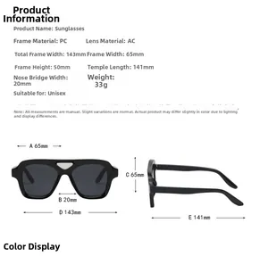 Detailed size chart showing dimensions of retro square black oversized sunglasses