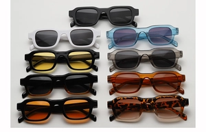 Top view of retro square sunglasses collection in nine various colors and patterns