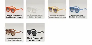 Detailed grid showing square vintage sunglasses in six stylish frame and lens colors