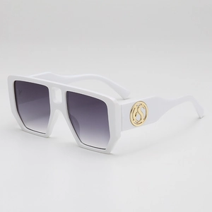 Modern white oversized square sunglasses with gradient grey lenses and gold S detail