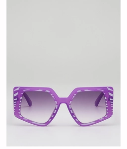 Close-up of purple oversized square sunglasses with white pop art stripe patterns